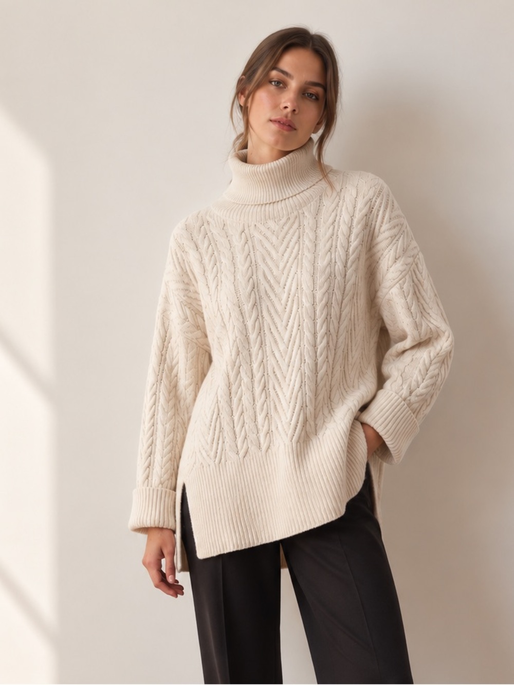 Part Two Rennah Pullover White Cable Knit Cotton Turtleneck Sweater Medium